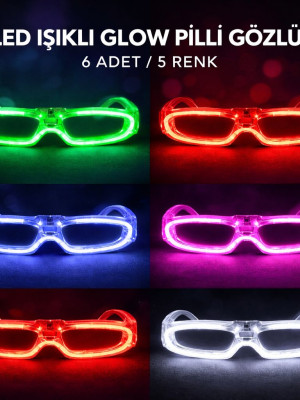 LED Işıklı Glow Pilli Parti Gözlüğü - Glow Efektli 6 Adet 5 Renk