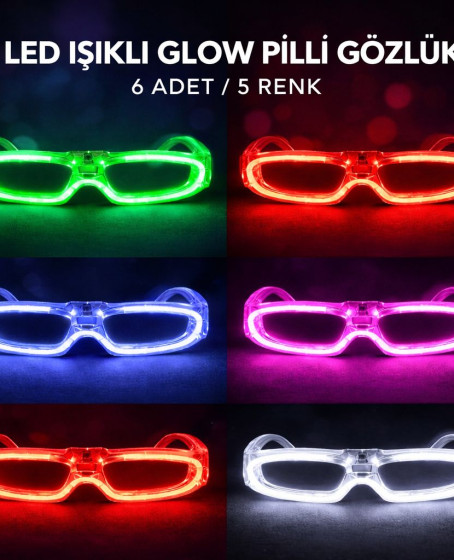 LED Işıklı Glow Pilli Parti Gözlüğü - Glow Efektli 6 Adet 5 Renk LED Işıklı Glow Pilli Parti Gözlüğü - Glow Efektli 6 Adet 5 Renk