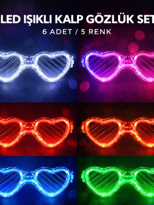 LED Işıklı Kalp Glow Pilli Parti Gözlüğü – 6 Adet / 5 Renk Set