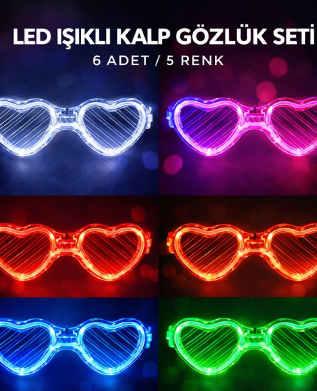 LED Işıklı Kalp Glow Pilli Parti Gözlüğü – 6 Adet / 5 Renk Set LED Işıklı Kalp Glow Pilli Parti Gözlüğü – 6 Adet / 5 Renk Set