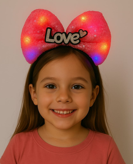 LED Işıklı Love Yazılı Fuşya Fiyonk Taç – Kız Çocuk Parti Tacı