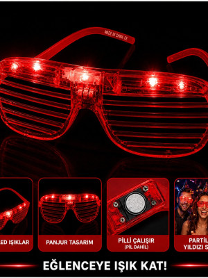 LED Işıklı Panjur Parti Gözlüğü Kırmızı Renk Shutter Gözlük LED Işıklı Panjur Parti Gözlüğü Kırmızı Renk Shutter Gözlük
