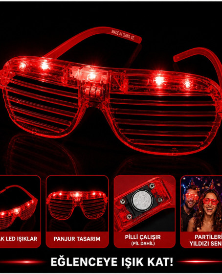 LED Işıklı Panjur Parti Gözlüğü Kırmızı Renk Shutter Gözlük LED Işıklı Panjur Parti Gözlüğü Kırmızı Renk Shutter Gözlük