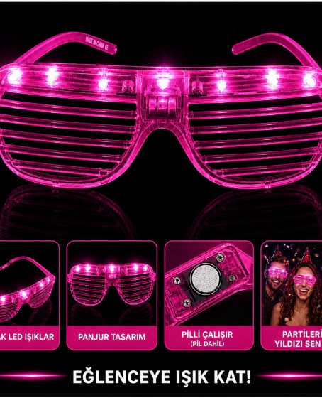 LED Işıklı Panjur Parti Gözlüğü Pembe Renk Shutter Gözlük LED Işıklı Panjur Parti Gözlüğü Pembe Renk Shutter Gözlük