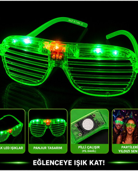 LED Işıklı Panjur Parti Gözlüğü Yeşil Renk Shutter Gözlük LED Işıklı Panjur Parti Gözlüğü Yeşil Renk Shutter Gözlük