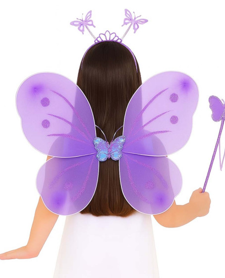 Lila Mor Kelebek Kız Seti – 50 cm Kelebek Kanadı, Taç ve Asa