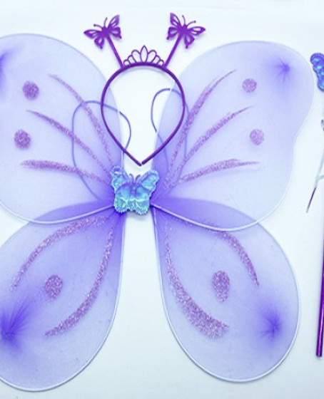 Lila Mor Kelebek Kız Seti – 50 cm Kelebek Kanadı, Taç ve Asa