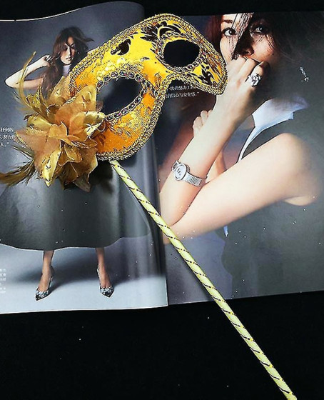 Lüks Taşlı Saplı Maskeli Balo Maskesi Altın Renk 35 cm
