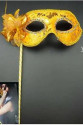Lüks Taşlı Saplı Maskeli Balo Maskesi Altın Renk 35 cm