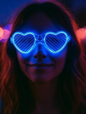Mavi LED Işıklı Kalp Gözlük – 3 Modlu Parti & Glow Gözlüğü