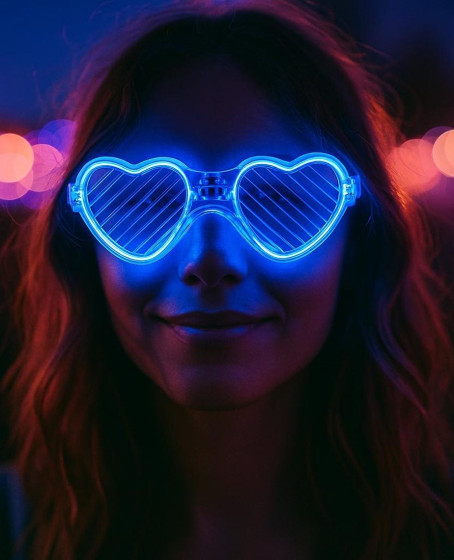 Mavi LED Işıklı Kalp Gözlük – 3 Modlu Parti & Glow Gözlüğü