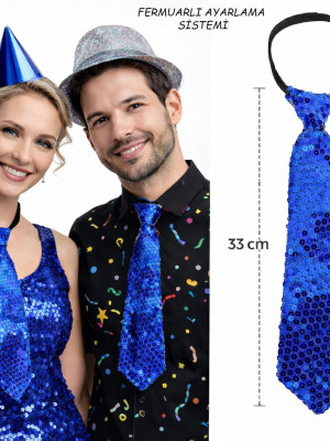 Mavi Renk Pul Payetli Işıltılı Parti Kravatı 33 cm