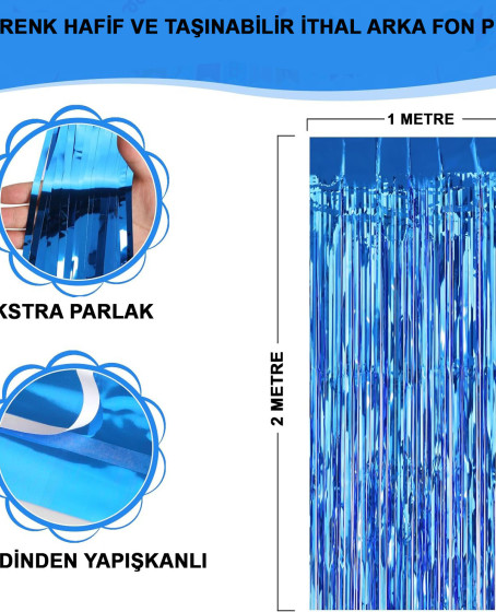 Mavi Renk Ekstra Metalize Parlak Saçaklı Arka Fon Perde İthal A Kalite 1x2 Metre