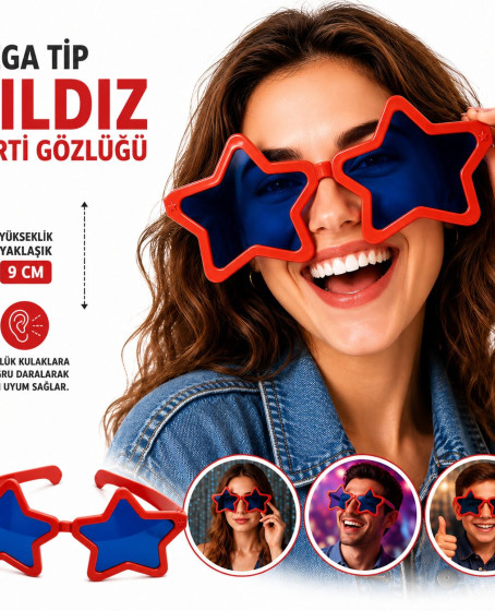 Mega Tip Yıldız Parti Gözlüğü Kırmızı Renk