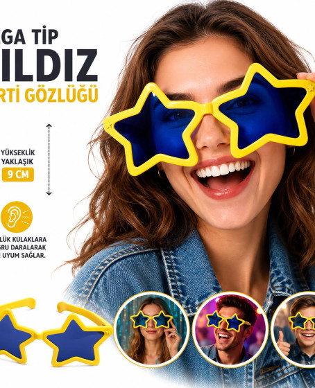 Mega Tip Yıldız Parti Gözlüğü Sarı Renk Mega Tip Yıldız Parti Gözlüğü Sarı Renk