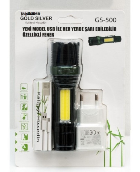 Metal El Feneri USB Şarjlı 4 Kademeli Zoomlu GS 500 Metal El Feneri USB Şarjlı 4 Kademeli Zoomlu GS 500