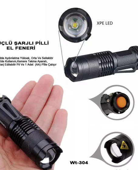 Mini Güçlü Şarjlı Pilli EL Feneri Wt-304 Mini Güçlü Şarjlı Pilli EL Feneri Wt-304