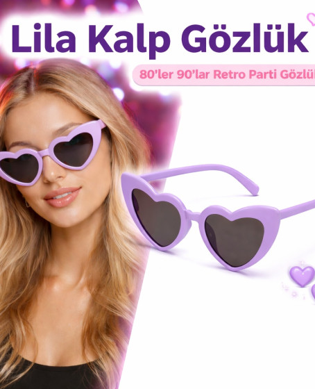 Mor Lila Retro Kalp Gözlük – 80’ler 90’lar Stil Parti Gözlüğü