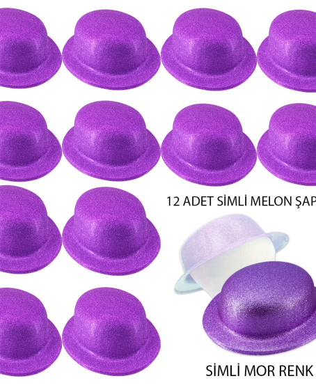 Mor Renk Simli Melon Yuvarlak Parti Şapkası 12 Adet