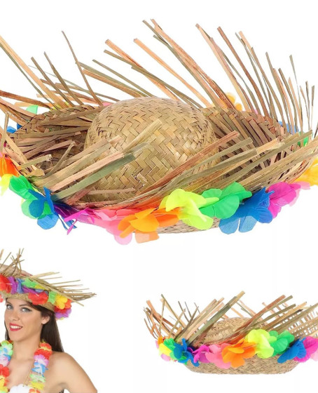 Naturel Renk Püsküllü Örme Hasır Hawaii Luau Aloha Şapka 13x36 cm