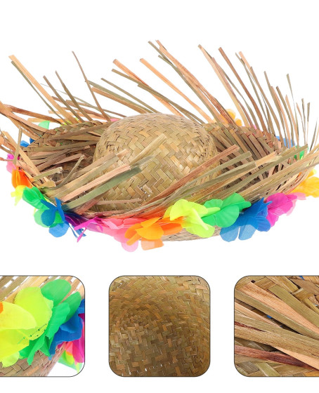 Naturel Renk Püsküllü Örme Hasır Hawaii Luau Aloha Şapka 13x36 cm