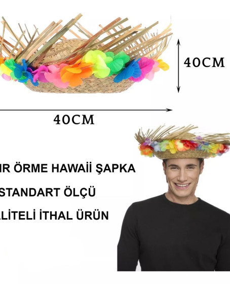 Naturel Renk Püsküllü Örme Hasır Hawaii Luau Aloha Şapka 13x36 cm