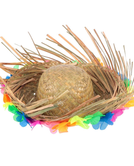 Naturel Renk Püsküllü Örme Hasır Hawaii Luau Aloha Şapka 13x36 cm