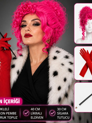 Neon Bukleli Pembe Peruk Uzun Kumaş Kırmızı Eldiven ve Sigara Tutucu Seti (3 Parça) Neon Bukleli Pembe Peruk Uzun Kumaş Kırmızı Eldiven ve Sigara Tutucu Seti (3 Parça)