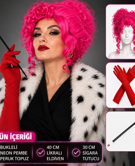 Neon Bukleli Pembe Peruk Uzun Kumaş Kırmızı Eldiven ve Sigara Tutucu Seti (3 Parça) Neon Bukleli Pembe Peruk Uzun Kumaş Kırmızı Eldiven ve Sigara Tutucu Seti (3 Parça)