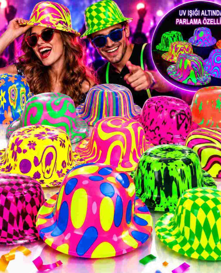 Neon Desenli UV Işıkta Parlayan Parti Şapkası – Karışık 1 Adet