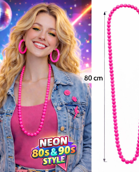 Neon Pembe Boncuk Kolye 80 cm – Retro 80’ler 90’lar Parti Aksesuarı