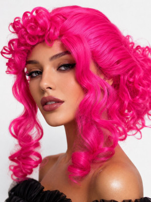 Neon Pembe Bukleli Kıvırcık Cosplay Peruğu - İçi Astarlı Neon Pembe Bukleli Kıvırcık Cosplay Peruğu - İçi Astarlı