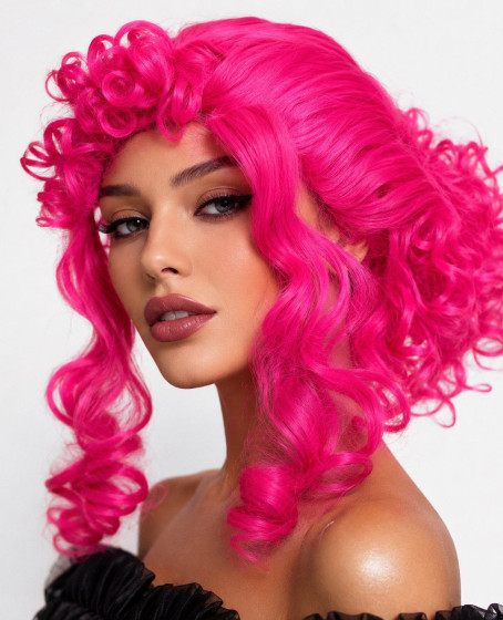 Neon Pembe Bukleli Kıvırcık Cosplay Peruğu - İçi Astarlı Neon Pembe Bukleli Kıvırcık Cosplay Peruğu - İçi Astarlı