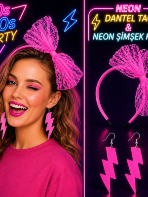 Neon Pembe Dantel Taç ve Şimşek Küpe 80'ler 90'lar Parti Seti Neon Pembe Dantel Taç ve Şimşek Küpe 80'ler 90'lar Parti Seti