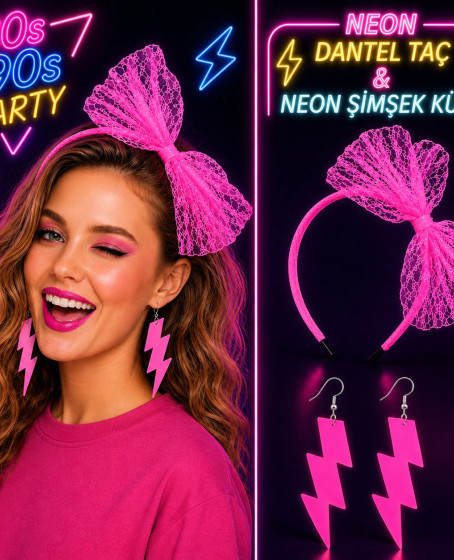 Neon Pembe Dantel Taç ve Şimşek Küpe 80'ler 90'lar Parti Seti