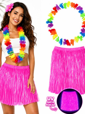 Neon Pembe Hawaii Etek 40 cm ve Rengarenk Hawaii Kolye Neon Pembe Hawaii Etek 40 cm ve Rengarenk Hawaii Kolye