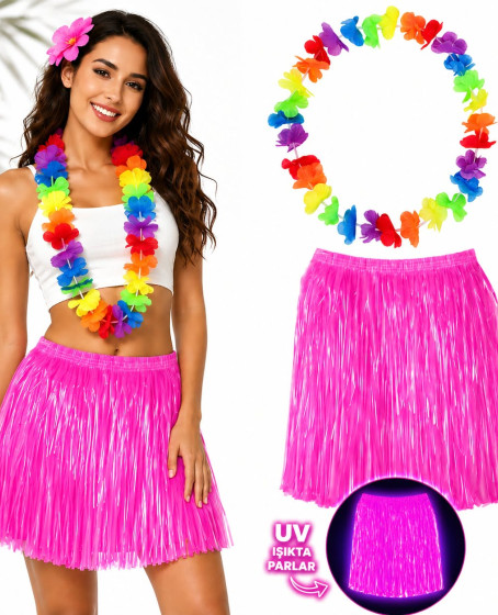 Neon Pembe Hawaii Etek 40 cm ve Rengarenk Hawaii Kolye