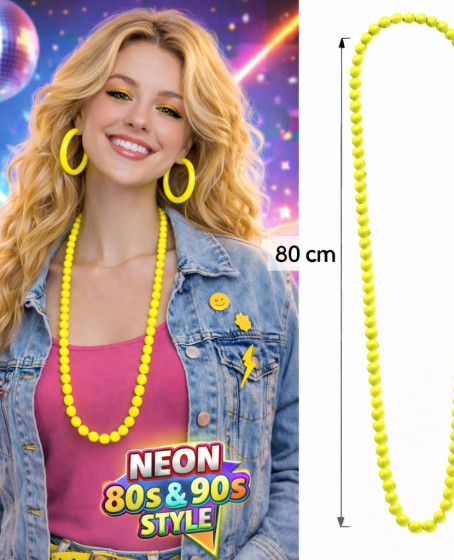Neon Sarı Boncuk Kolye 80 cm – Retro 80’ler 90’lar Parti Aksesuarı