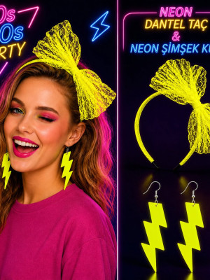 Neon Sarı Dantel Taç ve Şimşek Küpe 80'ler 90'lar Parti Seti Neon Sarı Dantel Taç ve Şimşek Küpe 80'ler 90'lar Parti Seti