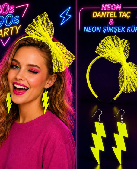 Neon Sarı Dantel Taç ve Şimşek Küpe 80'ler 90'lar Parti Seti