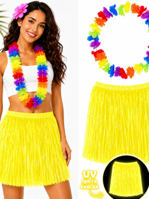 Neon Sarı Hawaii Etek 40 cm ve Rengarenk Hawaii Kolye Neon Sarı Hawaii Etek 40 cm ve Rengarenk Hawaii Kolye
