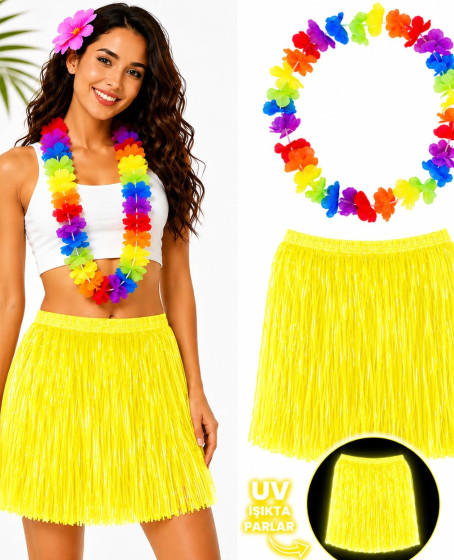 Neon Sarı Hawaii Etek 40 cm ve Rengarenk Hawaii Kolye Neon Sarı Hawaii Etek 40 cm ve Rengarenk Hawaii Kolye