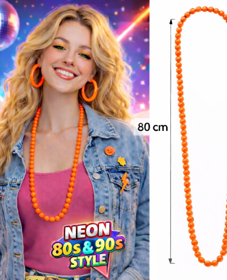 Neon Turuncu Boncuk Kolye 80 cm – Retro 80’ler 90’lar Parti Aksesuarı