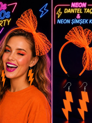 Neon Turuncu Dantel Taç ve Şimşek Küpe 80'ler 90'lar Parti Seti Neon Turuncu Dantel Taç ve Şimşek Küpe 80'ler 90'lar Parti Seti
