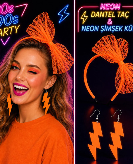 Neon Turuncu Dantel Taç ve Şimşek Küpe 80'ler 90'lar Parti Seti