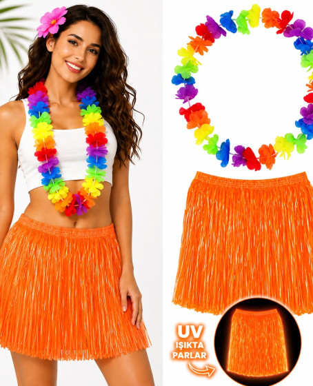 Neon Turuncu Hawaii Etek 40 cm ve Rengarenk Hawaii Kolye Neon Turuncu Hawaii Etek 40 cm ve Rengarenk Hawaii Kolye