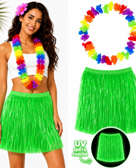 Neon Yeşil Hawaii Etek 40 cm ve Rengarenk Hawaii Kolye Neon Yeşil Hawaii Etek 40 cm ve Rengarenk Hawaii Kolye