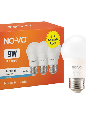 NO-VO 3LÜ AVANTAJ PAKET 9W BEYAZ LED AMPUL E27 806LM 6500K 15.000 SAAT ÖMÜR