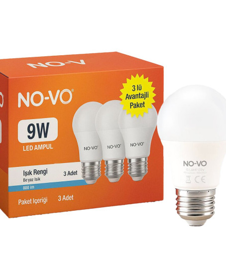NO-VO 3LÜ AVANTAJ PAKET 9W BEYAZ LED AMPUL E27 806LM 6500K 15.000 SAAT ÖMÜR
