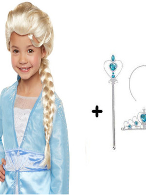 Örgülü Karlar Ülkesi Frozen Elsa Peruğu Tacı ve Sopası Çocuk Boy Örgülü Karlar Ülkesi Frozen Elsa Peruğu Tacı ve Sopası Çocuk Boy